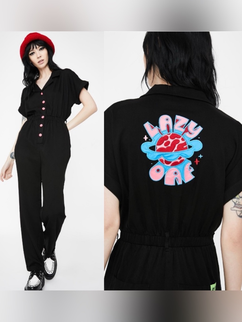Lazy Oaf Another Planet Embroided Black Jumpsuit- Size 14